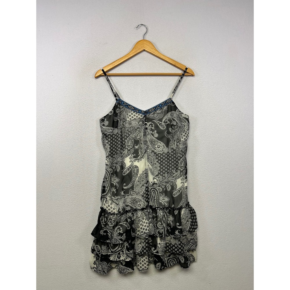Boho Y2K Xhilaration Women Medium Black White Paisley Ruffle Mini Dress Whimsy